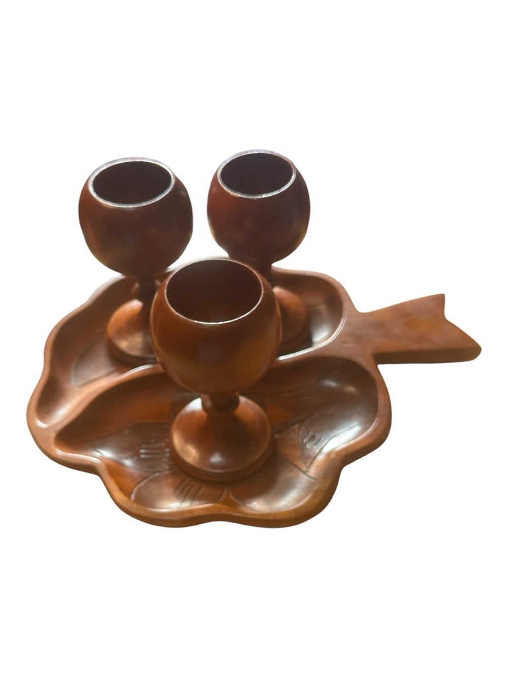 Vintage Hand Carved Wood Serving Tray 3 Goblets Floral Folk Art 5 Piece Set